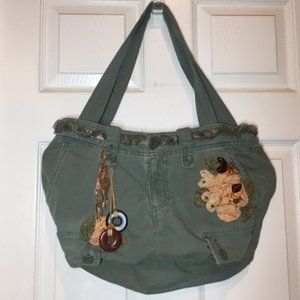American Eagle Jean Fabric Olive Green Beads Lace Flowers Shoulder Bag Tote